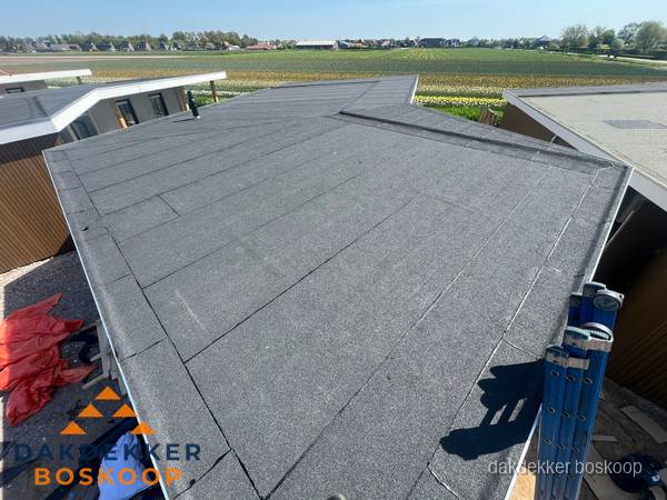 Nieuw bitumen plat dak met uitzicht over landschap in Boskoop