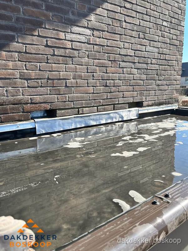 Stilstaand water op plat dak door slechte afwatering in Boskoop