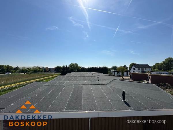 Groot plat dak met bitumen dakbedekking op bedrijfspand in Boskoop